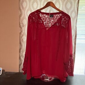 City Chic XL Lace Trim Long Sleeve Blouse Red Semi-Sheer Button Cuff